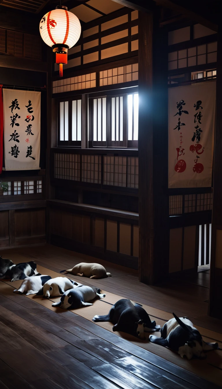 Dark atmosphere。All 12 animals of the zodiac are gathered in a traditional Japanese building、Bowing to God。