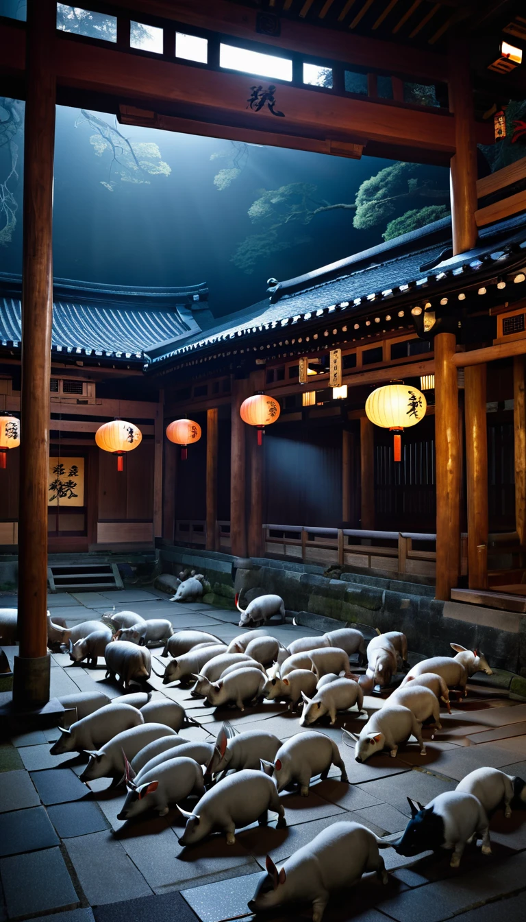 Dark atmosphere。All 12 animals of the zodiac are gathered in a traditional Japanese building、Bowing to God。