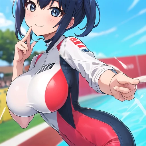 One girl,showing face,Super detailed、big breast,Racing Suits,super Embarrassing,