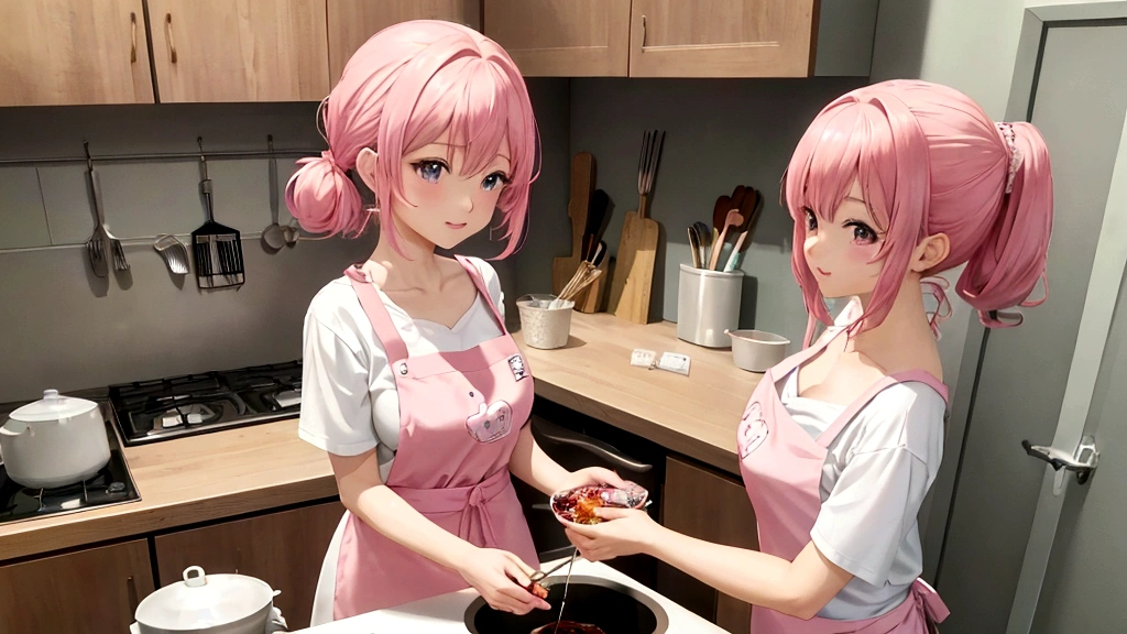 1girl, solo, nakano nino, pink hair, butterfly hair ornament, (naked:1.3), (white apron), large breasts, cleavage, thighs, cafe background, (blushing:1.3),