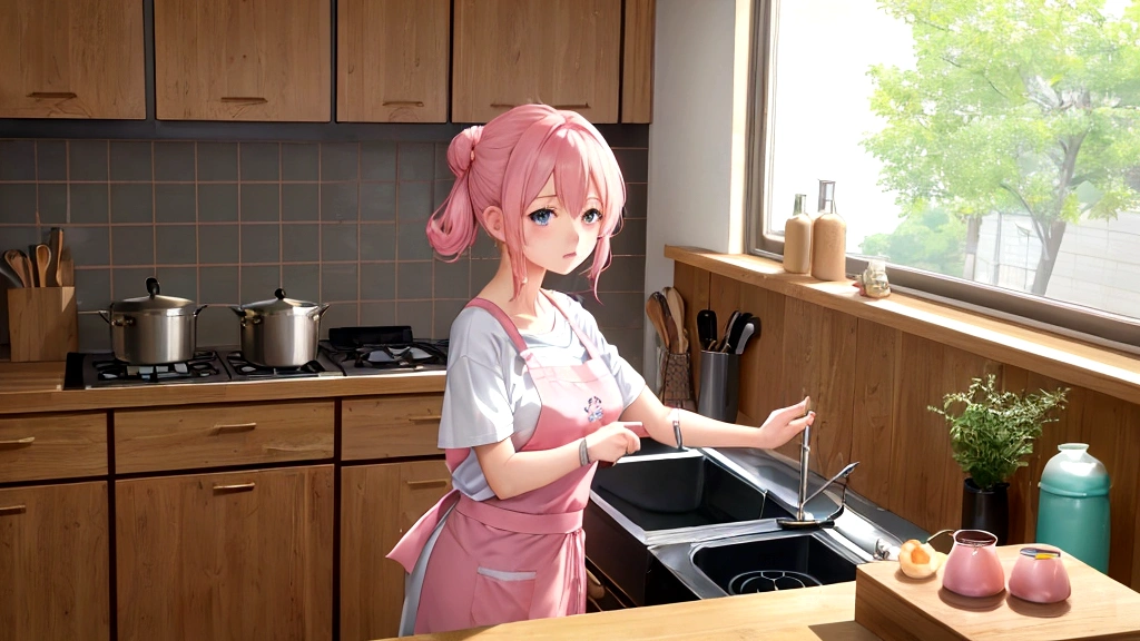 kitchenで料理をしているアニメの女の子, 昼間のkitchen, Anime Style 4k, Girl in pink apron, kitchen, anime art wallpaper 4k, anime art wallpaper 4k, Anime Art Wallpapers 8K, LOFI Girl, 昼間のkitchen, She is wearing a white T-shirt under her pink apron., Summer concept art, Digital anime illustration, Anime atmosphere, 4k anime wallpaper
