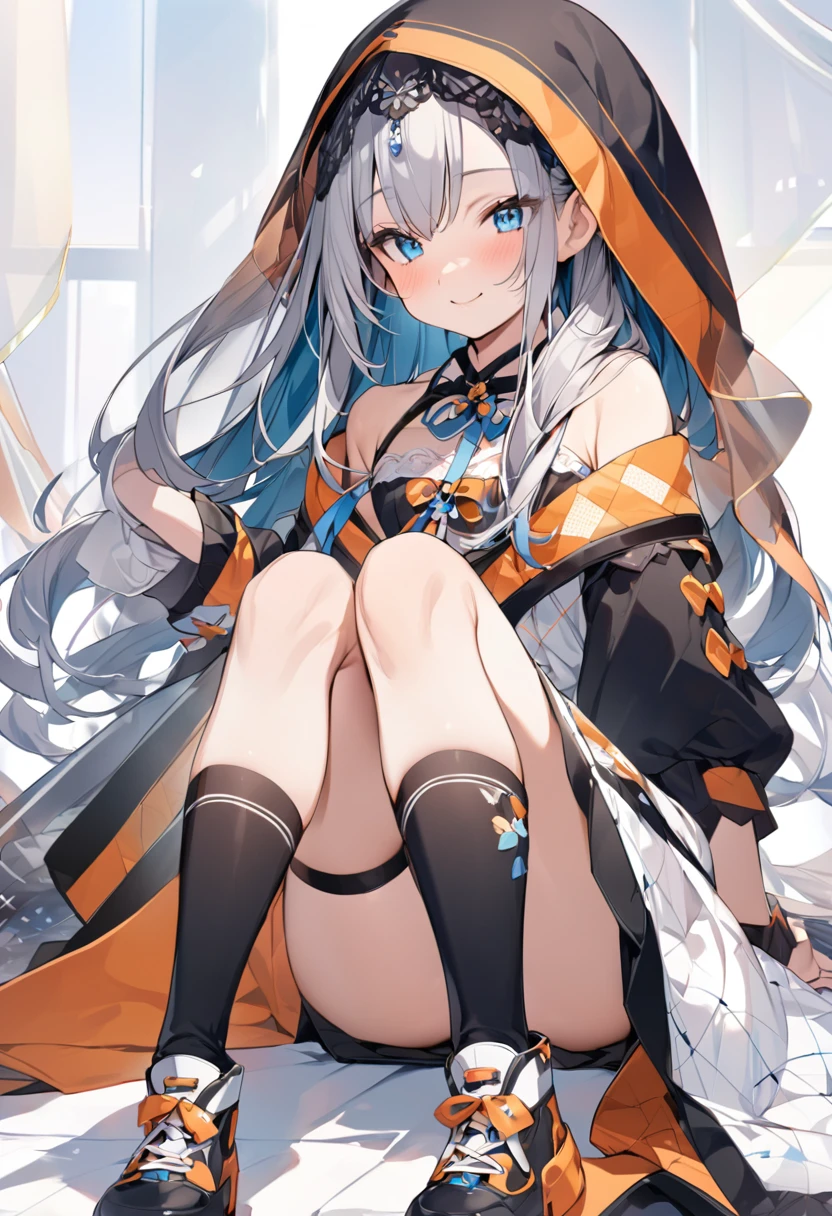 ((Highest quality)), ((masterpiece)), ((Very detailed)), (Very mature),A cute, gentle-looking female high school student with black hair and a height of about 165cm.，A female high school student with a cute smile and small breasts wearing a transparent blue waifus with a cute patterned hood and bare shoulders, A gentle woman with a slightly long vertical face，Small Faced Woman，alone, Cute attitude,(background(bright)，Long Hair - Straight，Knee-high socks、A transparent blue veil with a cute pattern and white hood with off-the-shoulder sleeves，White wall、Sitting、Facing the viewer、縁に模様がある壁が1面のbackground