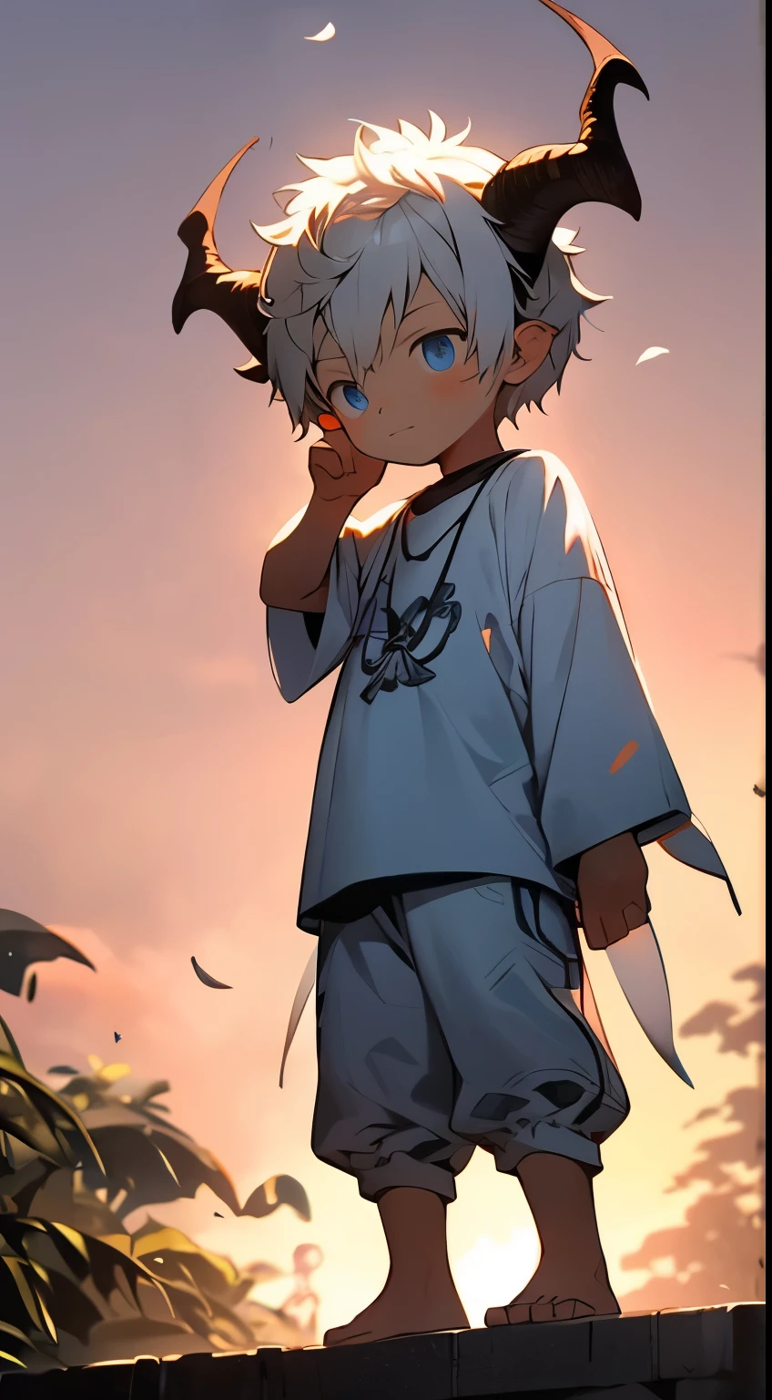 （shota，white color hair，toddlers，blue eyes，Libido boy，male）Dragon horns on people，adolable， standing on your feet， Master masterpieces， A high resolution，8K，detailedbackground，high high quality，solo，shorter pants，grassy fields，white blossoms，falling leaf，​​clouds，setting sun，Shy，wide wide shot