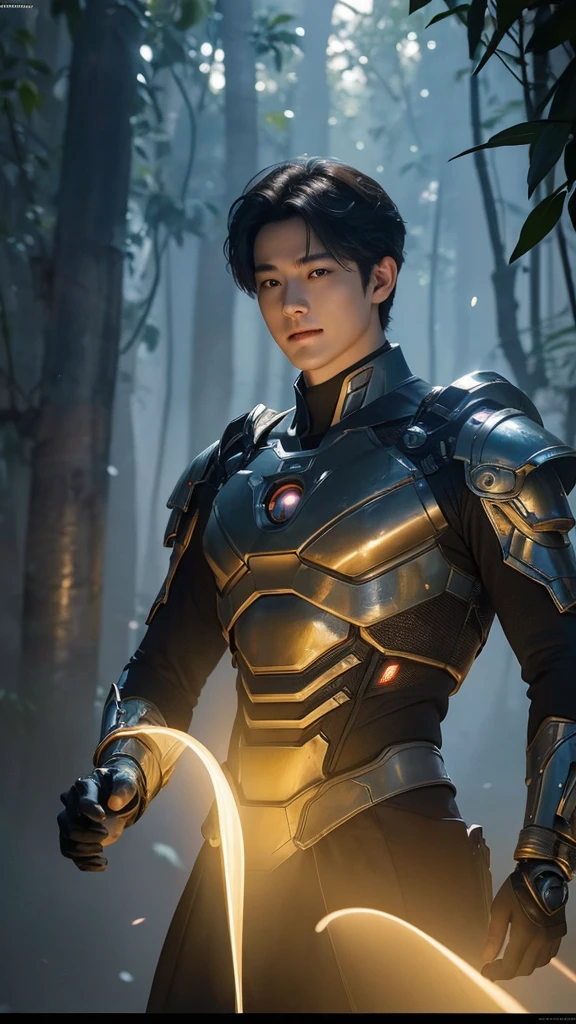 Jungkook, photo of very very handsome suave smiling young 25-year-old male Chinese prince, clothed in futuristic cybernetic armor, wearing a large futuristic crown, walking in an ethereal enchanted forest with neon glowing flowers and a rainbow in the sky, sci-fi, intricate, neon light, ((perfect face)), ((perfect hands)), ((perfect body)), ((correct anatomy)), ((ultra-realistic)), ((8k, UHD)), highly detailed, digital painting, artstation, concept art, human anatomy, soft light, smooth, illustration, art by tian zi and craig mullins and WLOP and alphonse mucha