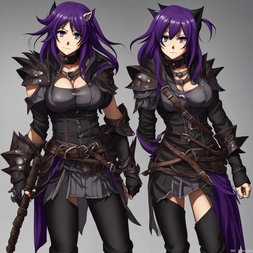 a female character for a soul eater style anime with these characteristics:

- A bear-woman demi-human (just bear paws and ears)
- Scar on the cheek and neck - Lifeless dark purple eyes and short dark purple hair - An extremely tired look - Above average breasts, while the rest of the proportions are average - His clothes are leather armor with iron plates on his chest, shoulders,knees."