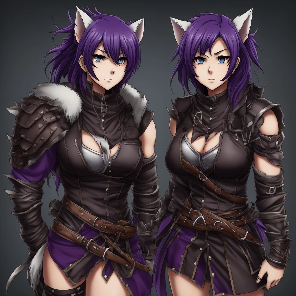 a female character for a soul eater style anime with these characteristics:
- A bear-woman demi-human (just bear paws and ears)
- Scar on the cheek and neck - Lifeless dark purple eyes and short dark purple hair - An extremely tired look - Above average breasts, while the rest of the proportions are average - His clothes are leather armor with iron plates on his chest, shoulders,knees."