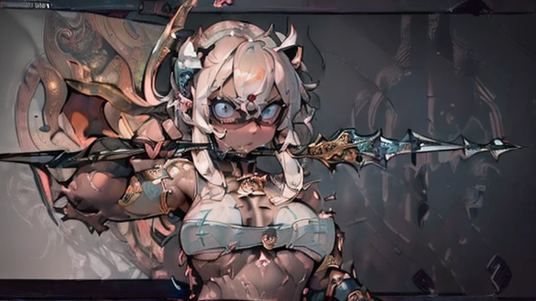 (best qualityer)),(Super high resolution),(ultra detali),(meticulous portrait),((The softest work of art),Ultra-precision art,The art of surprising representation, Fantasyart:1.5, (female angel wielding a spear:1.7),Beautiful and well-groomed face:1.5,brave face:1.3,(toned body:1.6),((Stab a spear into the demon that is hiding at the bottom of the screen.:1.8))