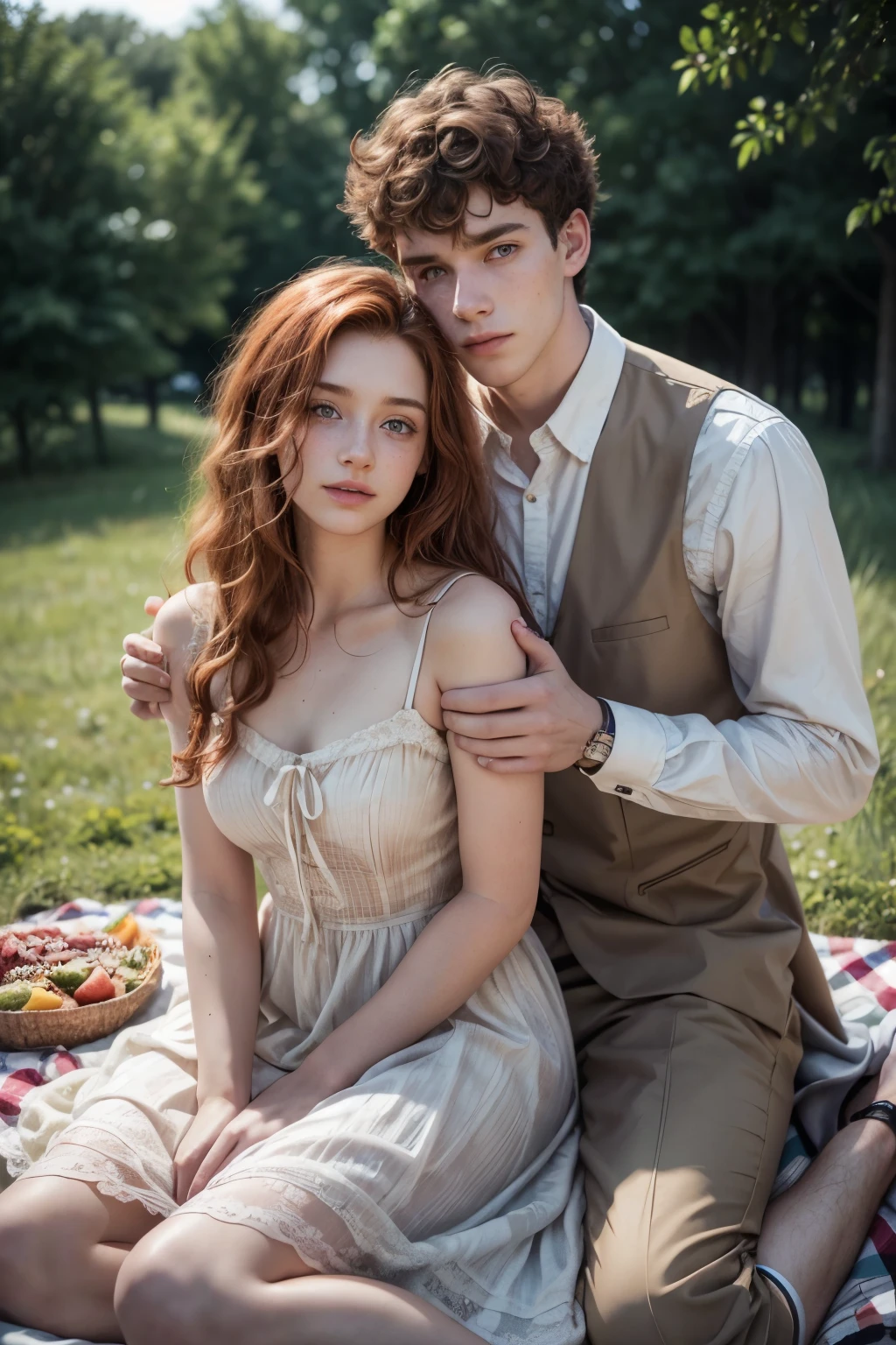 Hyperrealistic photograph of a young 18 year old couple on a romantic picnic, tall man with straight copper-colored hair with some freckles and the michacha with curly hair and tigerish skin wearing a pretty period dress