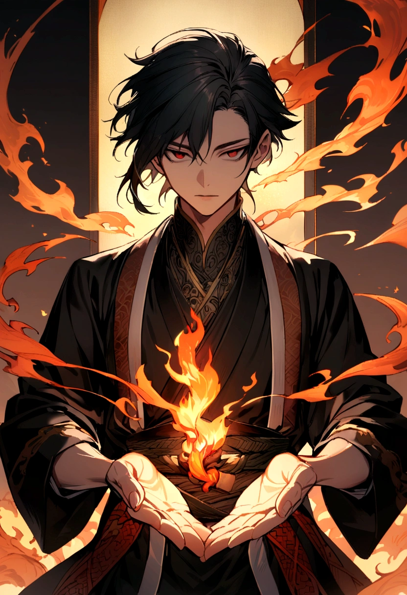 (best quality), oriental detailed background, one man wearing a black suit has flame power, he has a small bandage on the nose