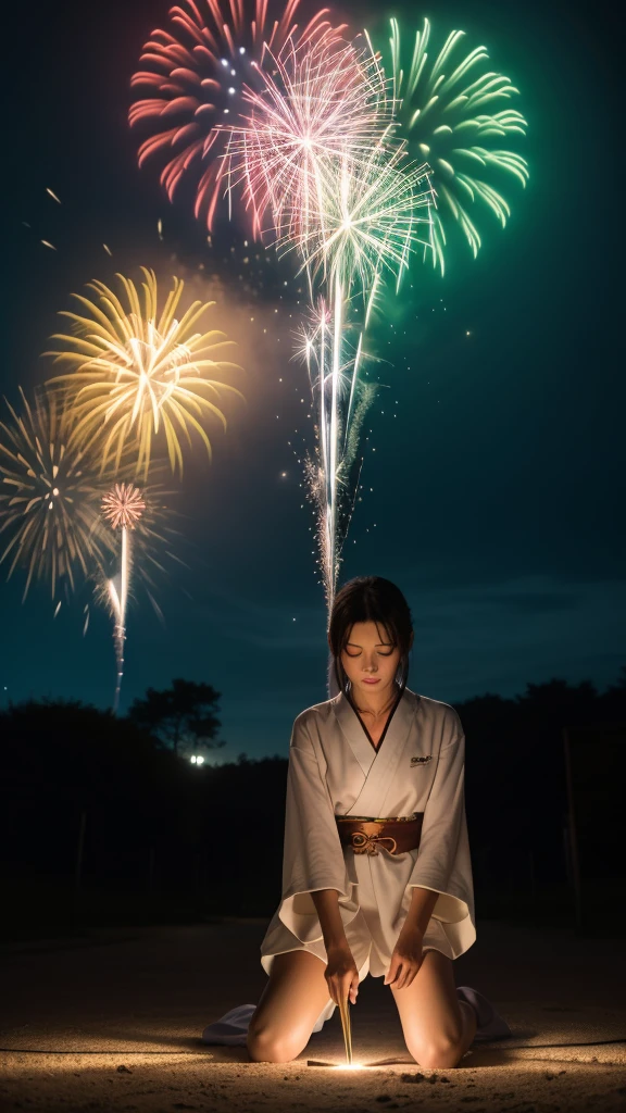 1girl in Japanese kimono, fluid motion, light particles, dreamy, shimmering, dreamy glow, paint dripping, oil painting, heavy brush strokes, splash paint drops, (best quality,4k,8k,highres,masterpiece:1.2),ultra-detailed,(realistic,photorealistic,photo-realistic:1.37),firework oil painting,(abstract:1.2)girl made up of(firework light tracing:1.25),turning into a (Radioluminescence light tracing) style firework,(Cowboy shot,above knee portrait:1.25),The Fireworks party,all kinds of fireworks,Glowing Neon,Temple fairs,summer festivals,various street vendors,seaside,starry sky,sunset glow,illustration,animation style,gorgeous scene,trending on pixiv,atmosphere,composition,light and shadow,hyper detailed,Surrealism,Blacklight paint,Photogram,Luminogram,Chiaroscuro