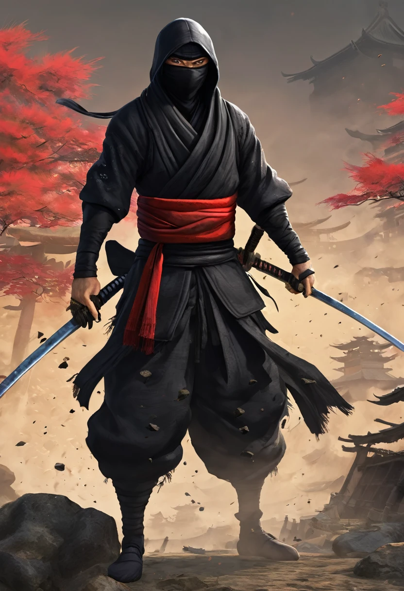 create a black ninja with a katana, with a giant scarf surrounding him, with an imposing stance. create the scenario with a destroyed village, and several corpses around it.
