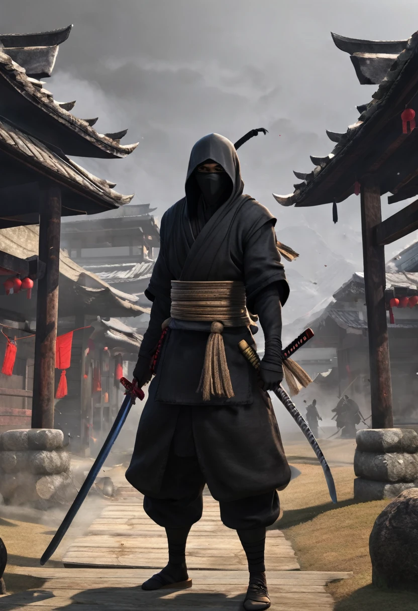 create a black ninja with a katana, with a giant scarf surrounding him, with an imposing stance. create the scenario with a destroyed village, and several corpses around it.