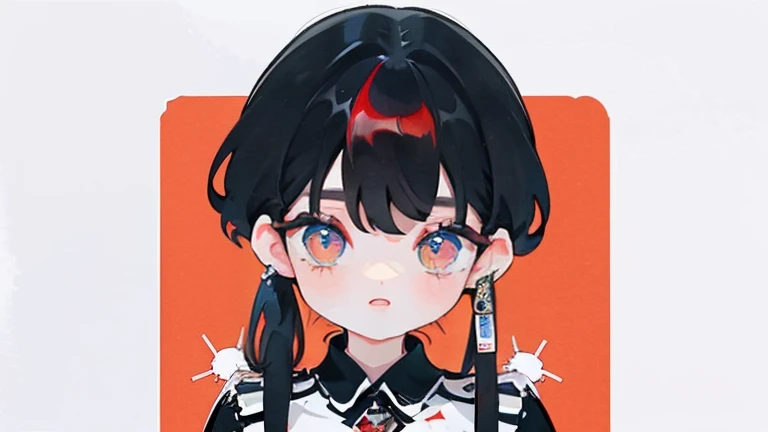 (best qualityer,4K,high resolution), 18 years old woman, Red Mesh Hair on Black Hair, Long and straight shiny hair, innocence,sharp eye、Eyes red、small-nose、eyeliner、 disheveled、Luxury black silk babydoll、 face、Place your index finger on your head、BNG、Comic appearance,comic strip,and souls,Illustrates??the deformed cute、Delicately expresses realistic skin texture、Reproduction of muscle texture、White and red contrasting background