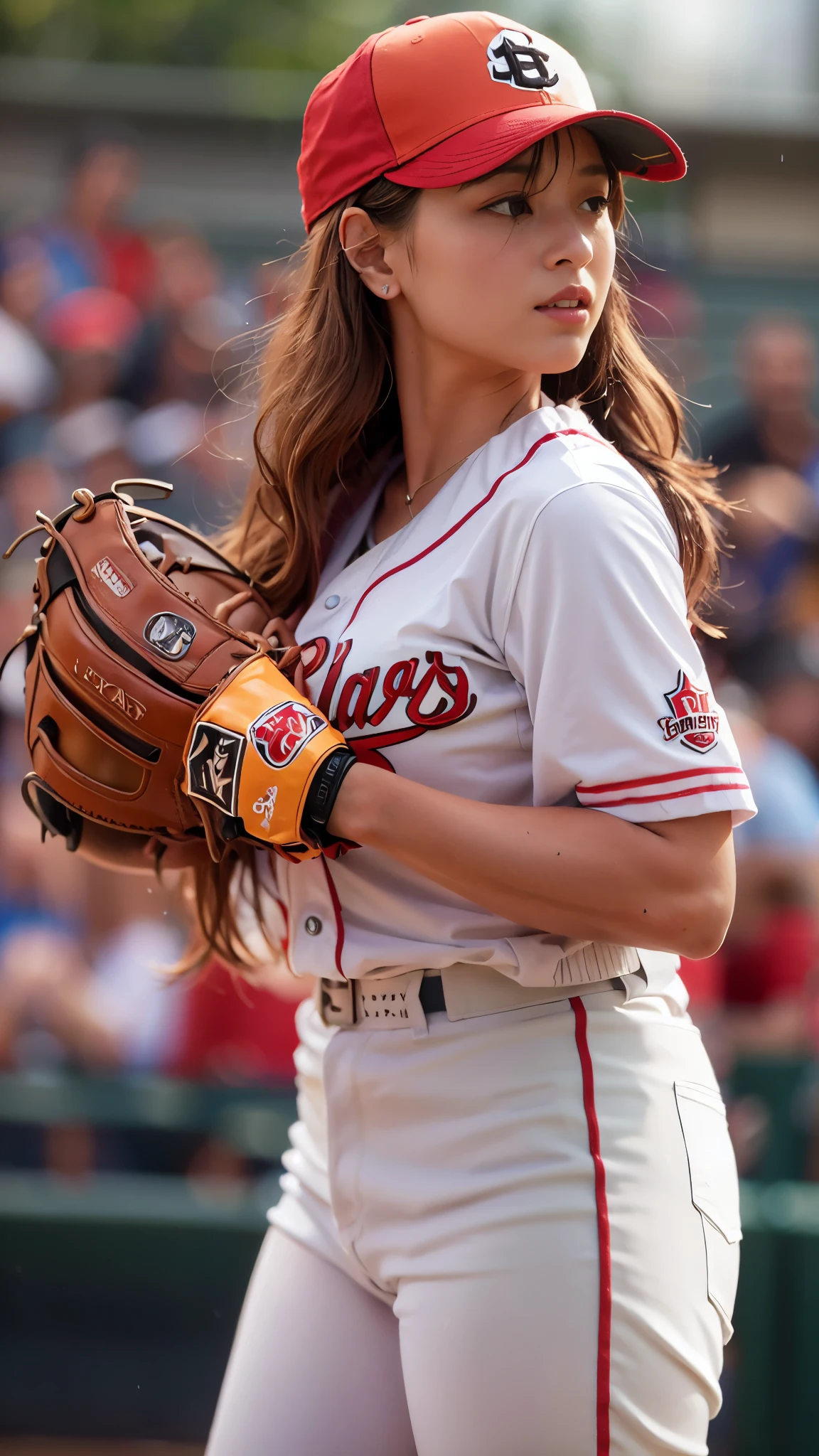 A beautiful pitcher in her set position before pitching. She has huge breasts and a toned, slim body. She's wearing a baseball cap and a baseball uniform. She's wearing spikes. A baseball game is taking place at a baseball field. It's a sunny midsummer day. Her uniform is wet with a lot of sweat. Her nipples are erect and you can clearly see their shape through her uniform.