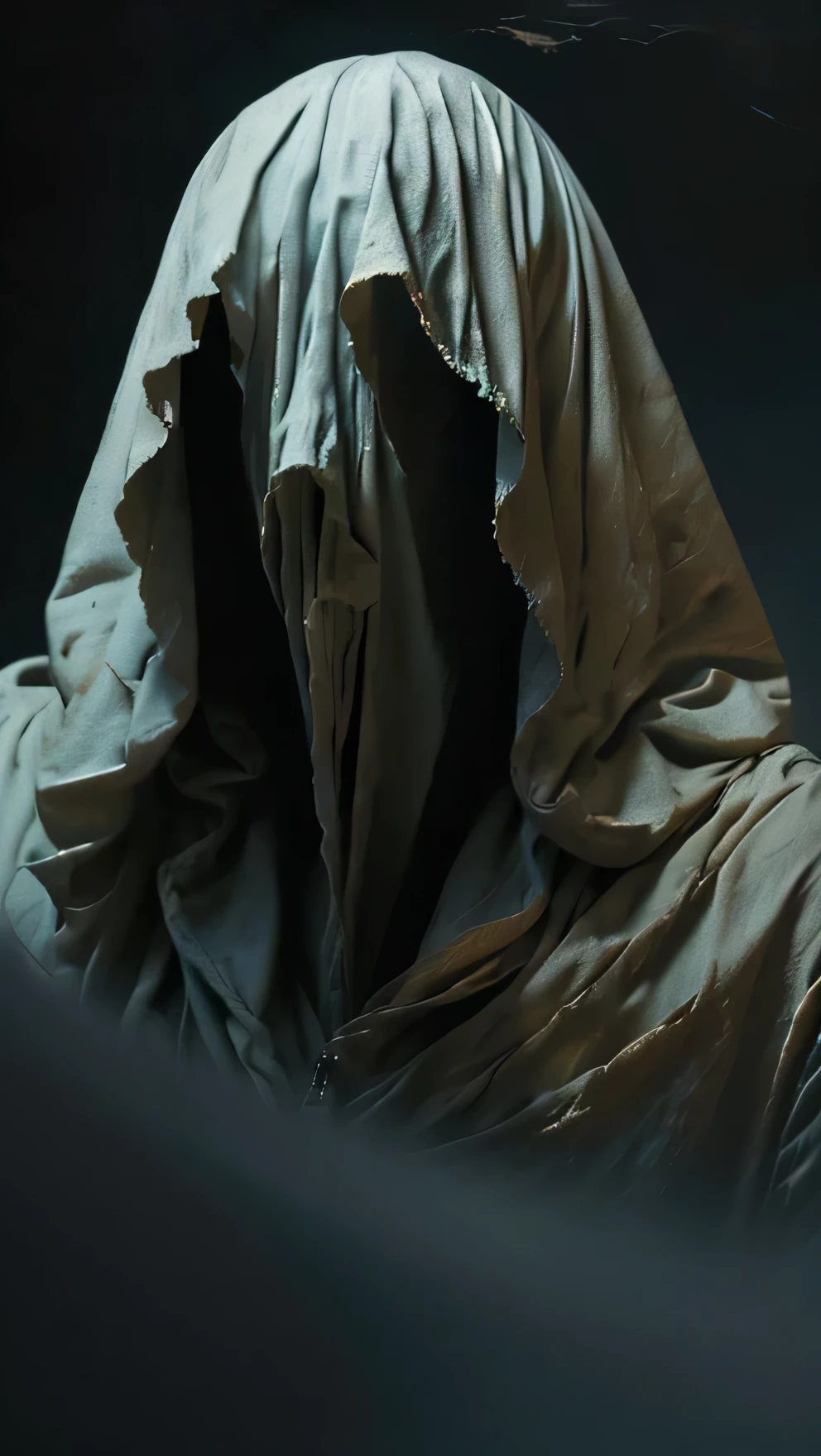 Masterpiece, Top Quality, Ultra High Resolution, Visually stunning, Remarkable details, Award-winning Art, g0s1, ghost, hood, torn cape, faceless, face close-up, horror \cHB9}, landscape, scenery, face close-up, close-up, dark