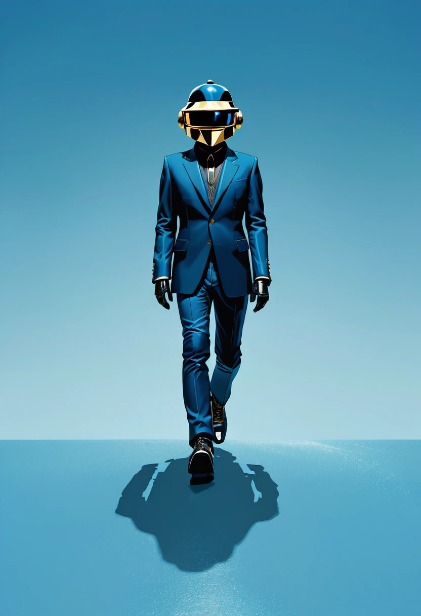 a Minimalist journey of  full body shot of strolling on the Besch as the film character sitting on a blue background in the style of. Daft punk style,, Daft Punk ::2 --chaos 40 --ar 71:128