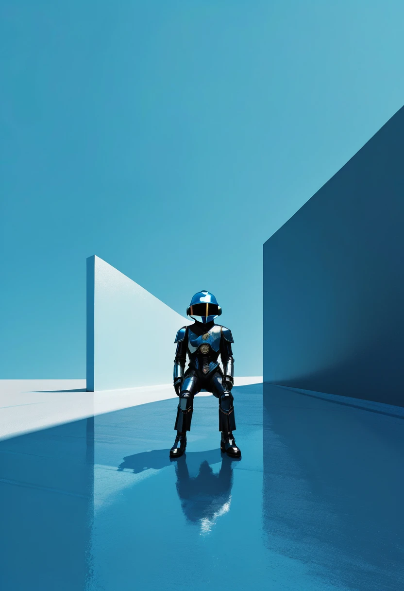 a Minimalist journey of full body shot of strolling on the Besch as the film character sitting on a blue background in the style of. Daft punk style,, Daft Punk ::2 --chaos 40 --ar 71:128