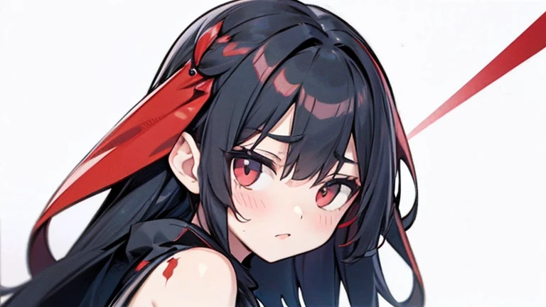 (best qualityer,4K,high resolution), 18 years old woman, Red Mesh Hair on Black Hair, Long and straight shiny hair, innocence,sharp eye、Eyes red、small-nose、eyeliner、 disheveled、Luxury black silk babydoll、 face、Place your index finger on your head、BNG、Comic appearance,comic strip,and souls,Illustrates??the deformed cute、Delicately expresses realistic skin texture、Reproduction of muscle texture、White and red contrasting background