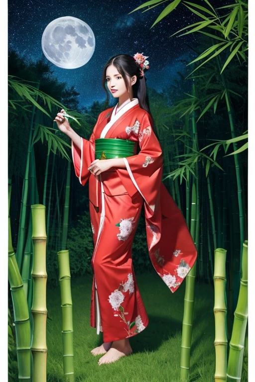 Colouring page for adult, Princess Kaguya, A princess wearing a red and green kimono and holding a folding fan, Twelve-layered kimono, Kimono, whole body, Flowing Hair, compensate, Night Sky, full moon, bamboo forest,