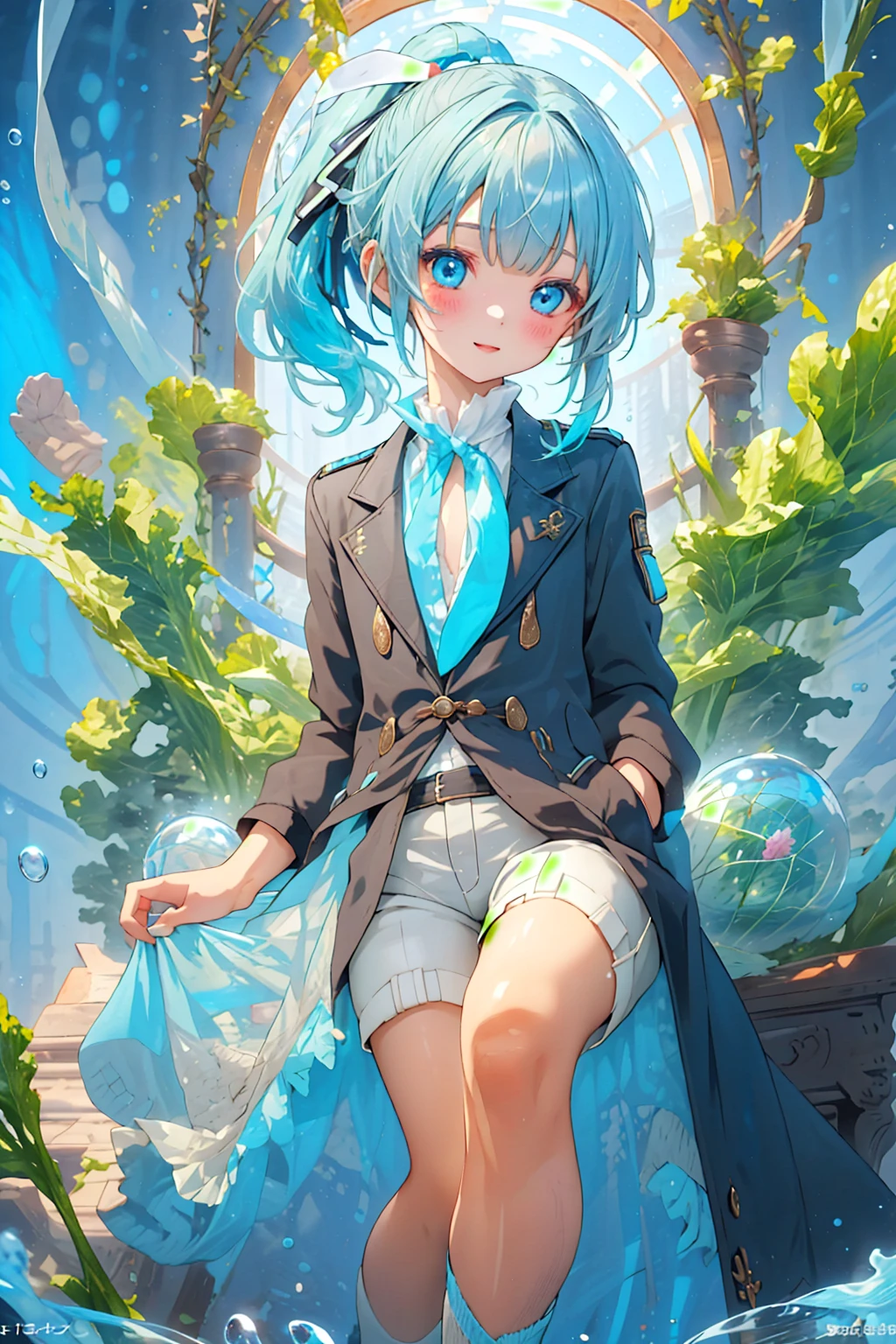 masterpiece, best quality, extremely detailed, (illustration, official art:1.1), 1 girl ,(((( light blue hair，Short ponytail)))),,10 years old, ((blush)) , cute face, big eyes, masterpiece, best quality,(((((a very delicate and beautiful girl))))),Amazing,beautiful detailed eyes,blunt bangs((((little delicate girl)))),tareme(true beautiful:1.2), sense of depth,dynamic angle,affectionate smile, (true beautiful:1.2),,(tiny 1girl model:1.2),(flat chest)), ((top-quality)), ((​masterpiece)), ((Ultra-detail)), (Extremely delicate and beautiful), girl with, solo, cold attitude,((Black jacket)),She is very(relax)with the(Settled down)Looks,depth of fields,Evil smile,Bubble, under the water, Air bubble,Underwater world bright light blue eyes,inner color with bright gray hair and light blue tips,,,,,Cold background, Linear Art, shortpants、knee high socks、White uniform like 、Light blue ribbon ties、Clothes are sheer、Hands in pockets、Bright eyes like sapphire,Fronllesse Blue, A small blue light was floating、fantastic eyes
