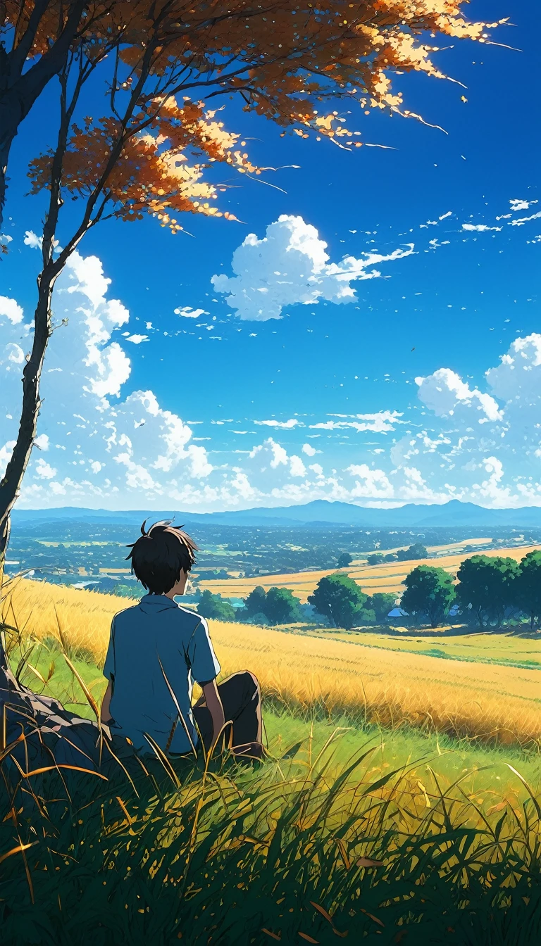 Creates an image of a serene, sunlit rural scene in a vibrant and detailed anime style. The scene is a boy sitting next to a tree in an autumn meadow, watching a vast blue sky, tall grasses, makoto shinkai cyril rolando, 4k anime art wallpaper, small grass, shadows on the leaves of the trees and clouds , and . In the background you can see an infinite mountain range. The sky is a bright blue, dotted with fluffy white clouds. The overall atmosphere is calm and nostalgic, evoking a warm summer day.