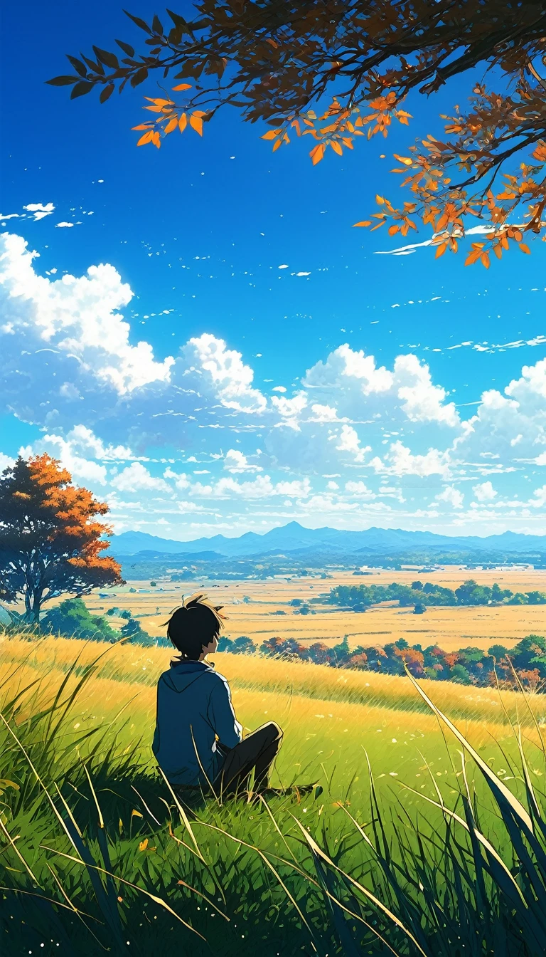 Creates an image of a serene, sunlit rural scene in a vibrant and detailed anime style. The scene is a boy sitting next to a tree in an autumn meadow, watching a vast blue sky, tall grasses, makoto shinkai cyril rolando, 4k anime art wallpaper, small grass, shadows on the leaves of the trees and clouds , and . In the background you can see an infinite mountain range. The sky is a bright blue, dotted with fluffy white clouds. The overall atmosphere is calm and nostalgic, evoking a warm summer day.