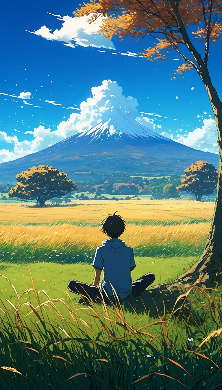 Creates an image of a serene, sunlit rural scene in a vibrant and detailed anime style. The scene is a boy sitting next to a tree in an autumn meadow, watching a vast blue sky, tall grasses, makoto shinkai cyril rolando, 4k anime art wallpaper, small grass, shadows on the leaves of the trees and clouds , and . In the background you can see an infinite mountain range. The sky is a bright blue, dotted with fluffy white clouds. The overall atmosphere is calm and nostalgic, evoking a warm summer day.