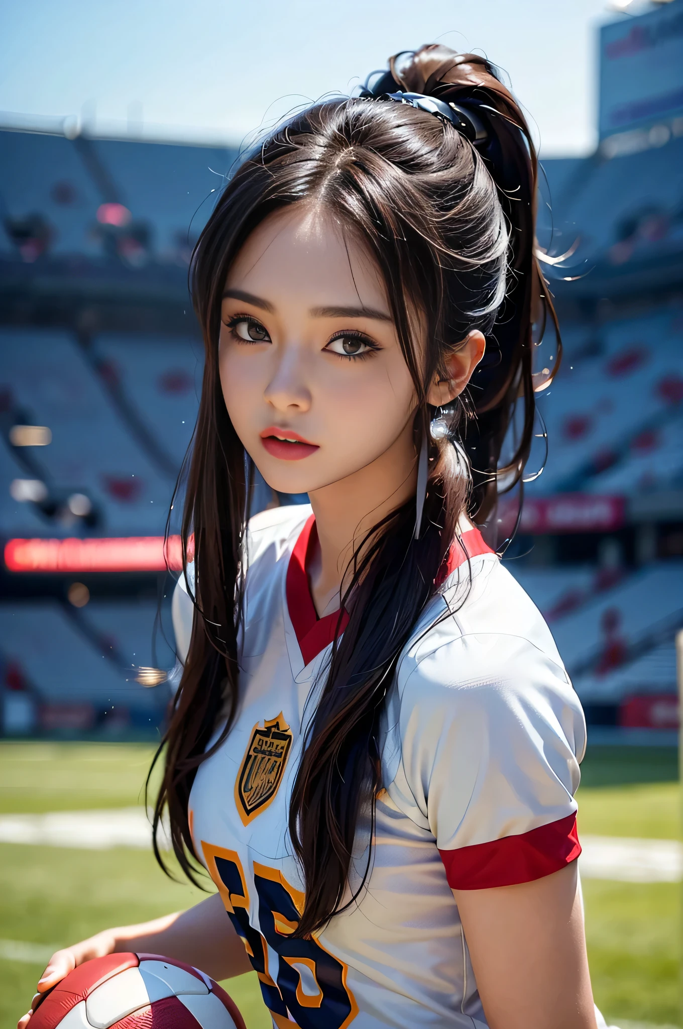 (8K、Top quality、masterpiece:1.2)、(realism、Photorealistic:1.37)、Extremely detailed、Top quality、Ultra-high resolution、Professional lighting、Photon Mapping、Radio City、Physically Based Rendering、light、play soccer、Depth of Field,Focus,Sunlight,Well structured,(Background blur:1.2),1 girl,(whole body),(shut your mouth),beautiful eyes,Obscene pose,Zoom out,Football Jersey,Dark brown hair,Beautiful straight hair,Ponytail(ulzzang-6500:1.2) Mix 4, High body、Sweaty beauty、Full breasts、Beautiful woman in Football Jersey、Sexy and hot、Realistic photos、football field、Exquisite facial details、Beautiful and perfect、Muscle Beauty、Holding a football、whole body