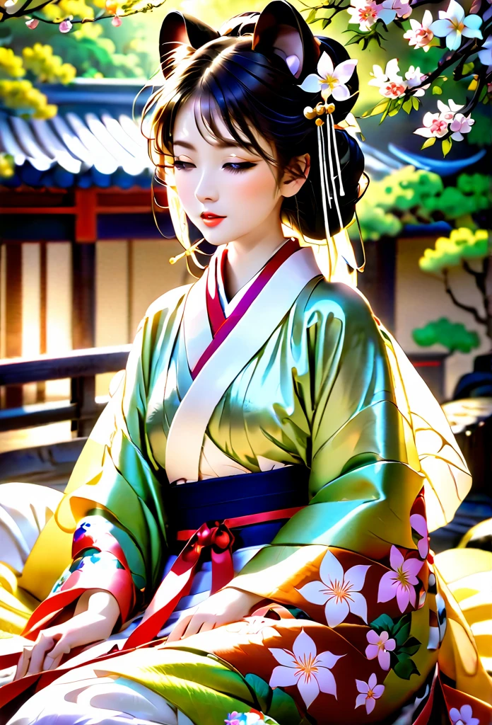 (Ah! My Goddess style:1.2) , Hallucination, daydream , nightmare , Insane Dream , bokeh , erotica , romance , realistic mouse nymph and realistic cat , Women's hakama from the Meiji period , Petals fluttering down , Single eyelids, round nose, swollen cheeks , glossy lips , Collarbone , Hair blowing in the wind , Meiji period