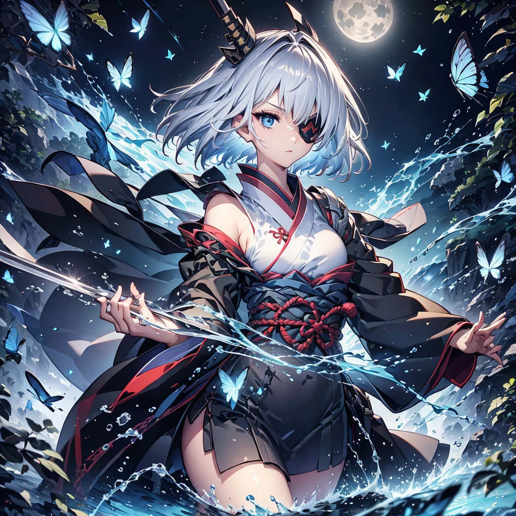 (((1 person Put on an eye patch Gray Hair Qinglong))) ((High resolution short hair Black kimono Shoulder Rin々Funny face knifeを胸の前で構える)) ((Black Band samurai Lonely despair blue eyes Close-up)) ((Blue Butterfly night Japanese style old Shining Aura garden water surface Catch the wind Distorted Space)) (dance 日本knife knife Slashing) 月night moonlight star Draw your sword Shining Background Shining Edge