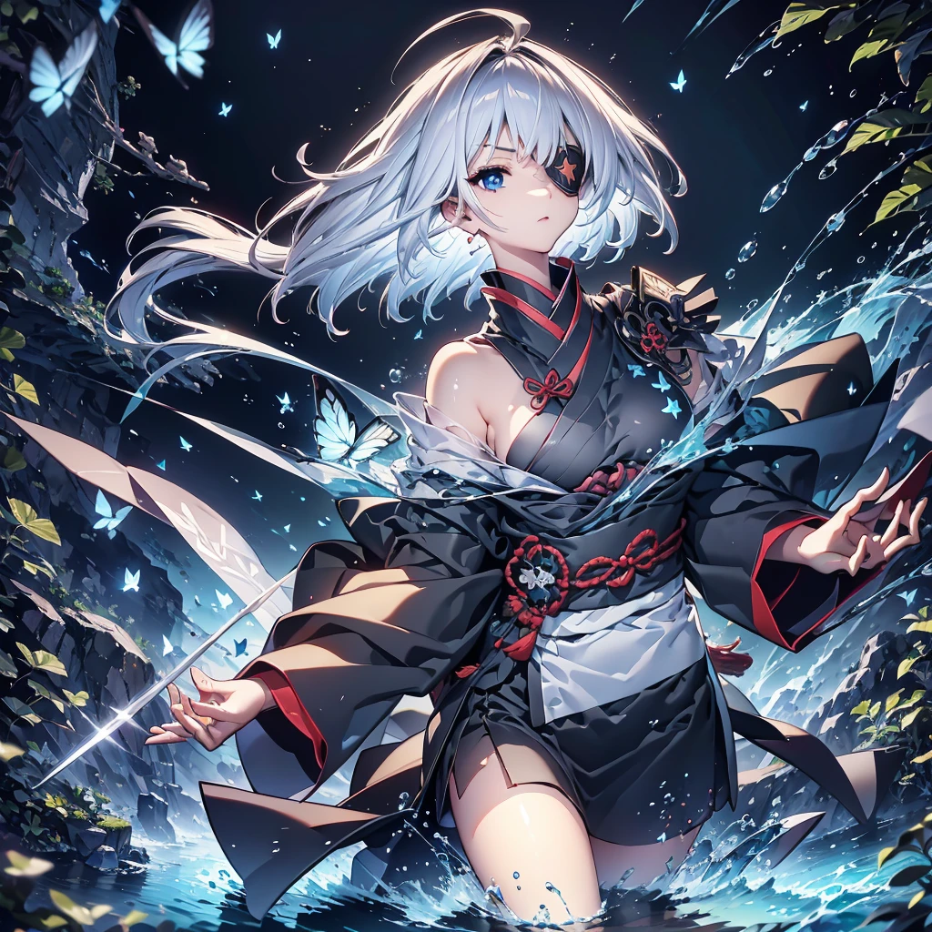 (((1 person　Put on an eye patch　Gray Hair　Qinglong)))　((High resolution　short hair　Black kimono　Shoulder　Rin々Funny face　knifeを胸の前で構える))　((Black Band　samurai　Lonely　despair　blue目　Close-up))　((blue蝶　night　Japanese style　old　Shining Aura　garden　water surface　Catch the wind　blue))　(dance　日本knife　knife　Slashing)　月night　moonlight　star　Draw your sword　Shining Background　Shining Edge