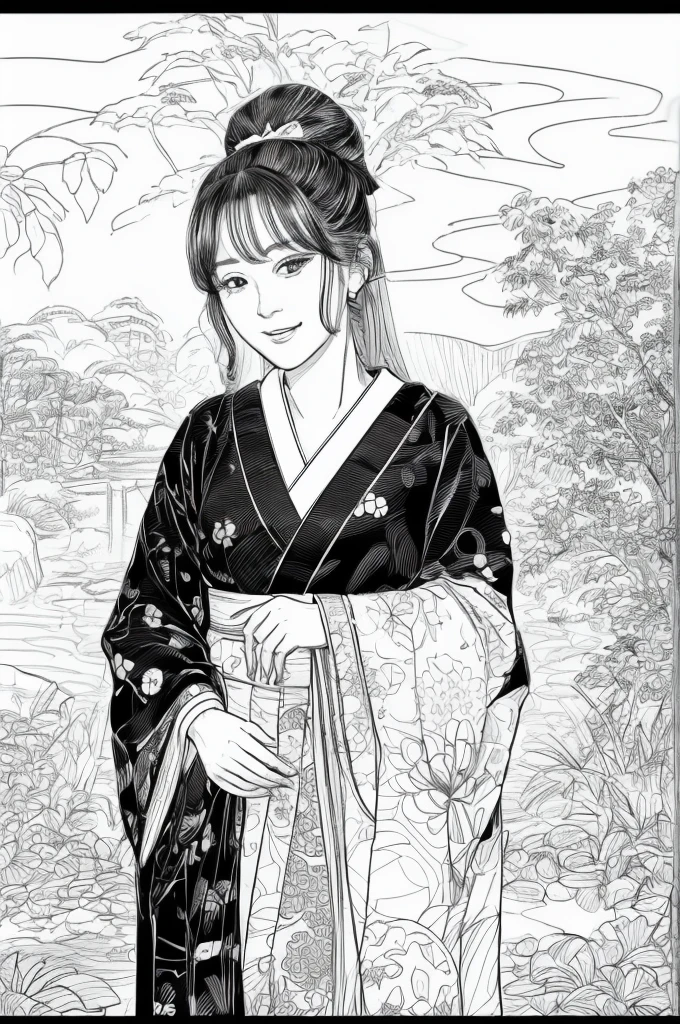 Please create a realistic ukiyo-e illustration of a cute, smiling woman in a kimono that conveys Japanese culture in various poses with (a Japanese garden in the background:1.5), using a simple black and white coloring book that even children can do. The illustration is a illustration with detailed facial features and cartoon-style visuals, (high contrast, sketch, monochrome, clean line drawings for coloring book:1.5)