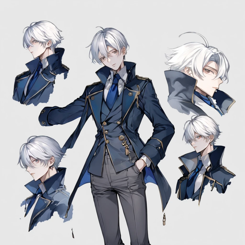 Male, anime, hero, dark blue coat, white hair, no background , high quality, dark grey pants, high quality face,