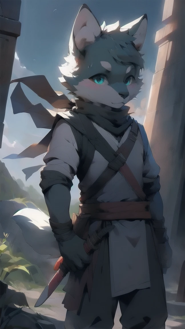 Wolf，juvenile，male，Gray-black fur，Sky blue eyes，Ancient combat uniform，scarf，Holding a long sword，Scabbard back，permanent，The only one,dawn，illumination，Break