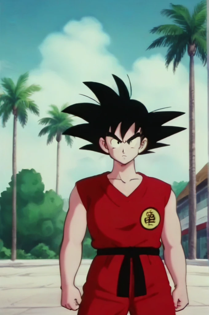 source_anime, score_9, score_8_up, score_7_up, anime screencap,8k, absurd res,
lutador aged up, solo, looking at viewer, shirt, black hair, 1boy, collarbone, upper body, male focus, outdoors, sky, sleeveless, day, cloud, black eyes, tree, blue sky, frown, cloudy sky, spiked hair, (red topwear), serious, palm tree, symbol, print topwear, v-shaped eyebrows, clothes writing, arms at sides, 1980s \(style\), dougi, arena, retro artstyle, bare arms
