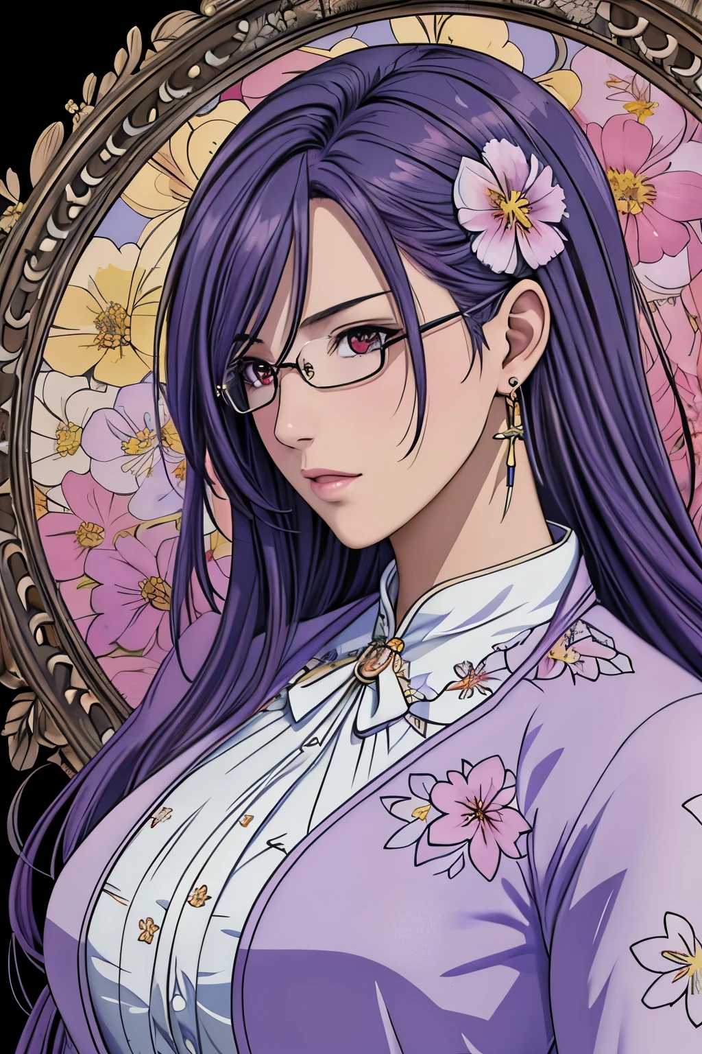 (masterpiece, top-quality, top-quality, Official art, Beautifully Aesthetic:1.2), red eyes, (highest quality, masterpiece painting:1.3), immature woman, 16 years old, (half body shot), masterpiece, ultra high resolution, (((Flower frame, A lot of flowers in the frame, round frame, A beautiful girl fits into the frame))), Decorative panel, abstract art, (shot from a side angle), (Photoreal:1.0), ((light purple hair)),straight hair, beautiful shining hair, white and shining skin, Painterly, sketch, Texture, 超A high resolution, solo, Beautuful Women, A highly detailed, (Fractal Art:1.1), (colourfull:1.1), (florals:1.6), The most detailed, (Zentangle:1.2), (Dynamic Poses), (Abstract background:1.3), (shinny skin), (Many colors:0.8), (earrings:1.4), (pluma:0.9), Taisho romance, wearing glasses