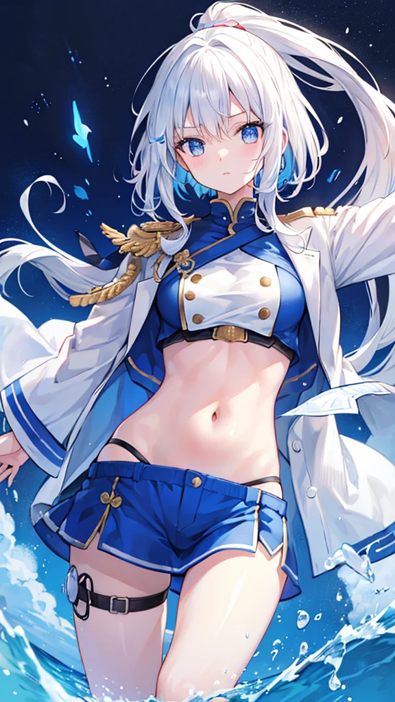 White hair,Blue streaked hair、navel、Combat Uniform、Naoken
