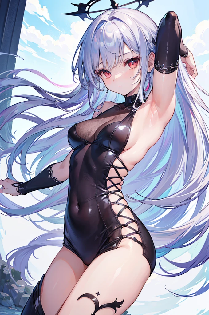(Hands under armpits:1.4), (show armpits:1.3), (Underarm revealing clothing:1.5), (Raise your hands and show your armpits:1.4), (Armpit-revealing clothing:1.4), (Visible under armpits:1.3), (Expose the armpits:1.4), (Sexy underarms:1.4), (Charming armpits:1.3), (Smooth underarms:1.3), (Charming armpits:1.3), (sexy skin:1.4), (Soft armpits:1.3), (Charming armpits:1.4), (Charming armpits:1.3), (Supple skin:1.4), (Seductive armpits:1.4), UHD, retina, masterpiece, ccurate, anatomically correct, textured skin, super detail, high details, high quality, award winning, best quality, highres, 16k, long dark silver hair, red eyes, black halo, super white skin, multicolored hair, high res, masterpiece, supershar, high quality, masterpiece, HD, castle in background