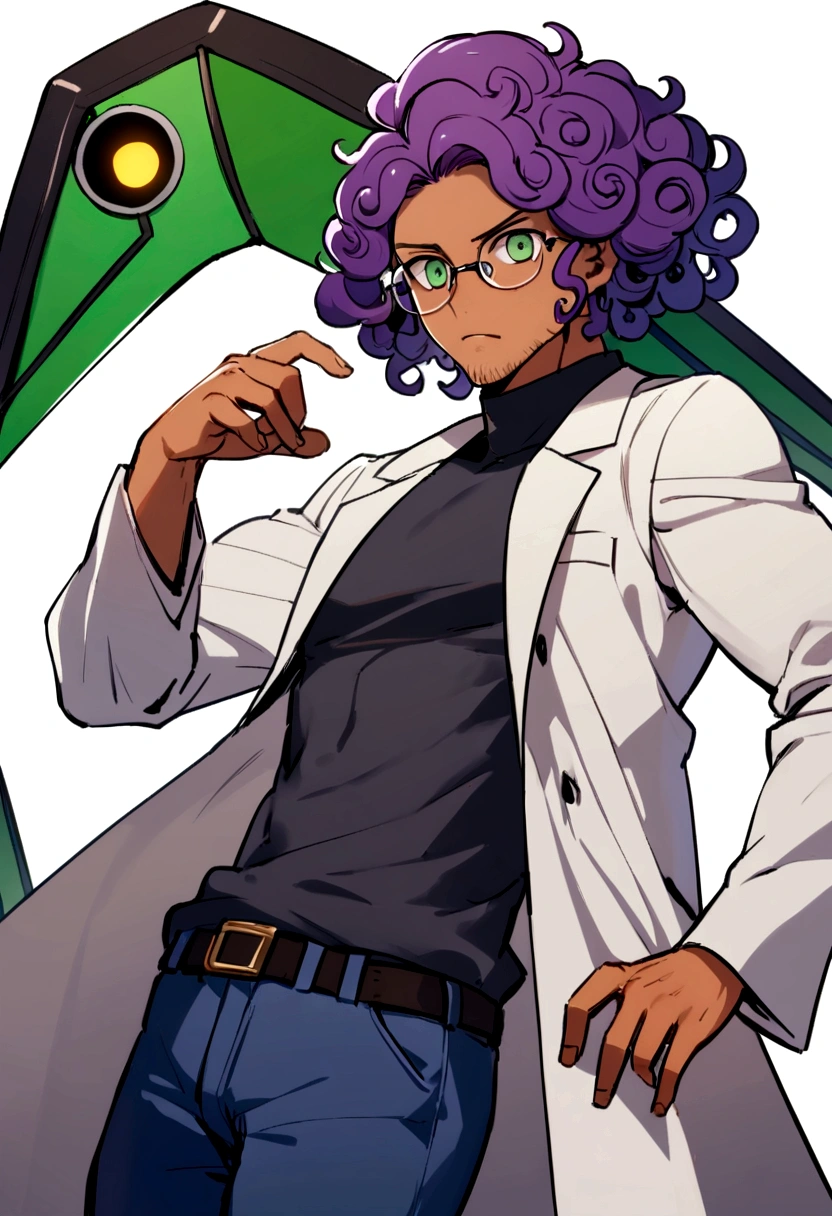 1man, 20s, strong body, latin, chin stubble, square face, tan skin, ((purple curly fluffy hair)), medium lenght hair, ((green eyes)), cool facial expression, (nice hands),  (grey turtleneck), lab coat, spectacles, jeans, sandals [pose with body turned in profile looking at viewer], determined facial expression, simple backgroun, accompanied by a Rayquaza 