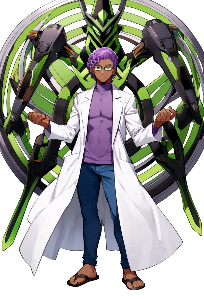 1man, 20s, strong body, latin, chin stubble, square face, tan skin, ((purple curly fluffy hair)), medium lenght hair, ((green eyes)), cool facial expression, (nice hands),  (grey turtleneck), lab coat, spectacles, jeans, sandals [pose with body turned in profile looking at viewer], determined facial expression, simple backgroun, accompanied by a Rayquaza 