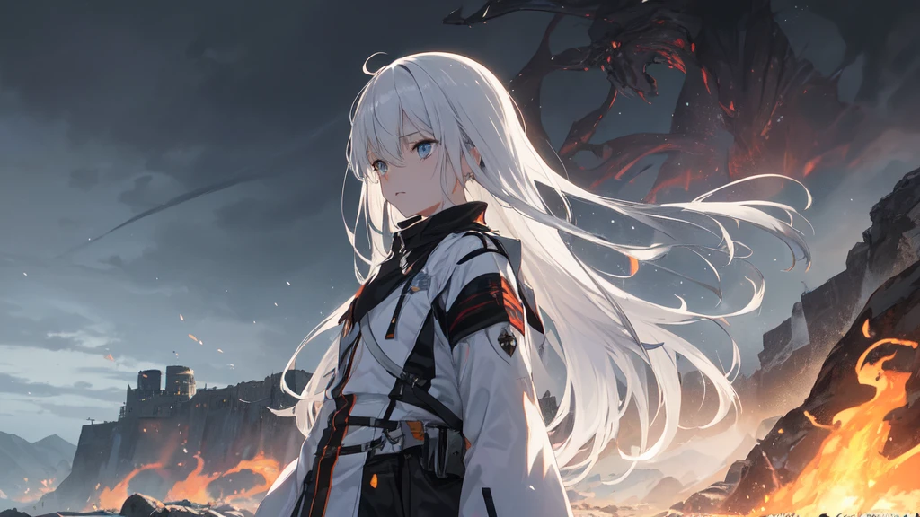 masterpiece:1.2), best quality , 独奏 ,pixiv, anime girl ,long straight white hair , black eyes ,Wearing off-white camouflage uniform ,,military fortress,(Eyes looking into the distance:1.3),(look away:1.5),snowy weather,dirty face,The background is a sea of fire with blood on the forehead,dirty face,Backlight,Bare rocky peaks ,Fierce flames are burning,The expression is sad,Grit your teeth,
