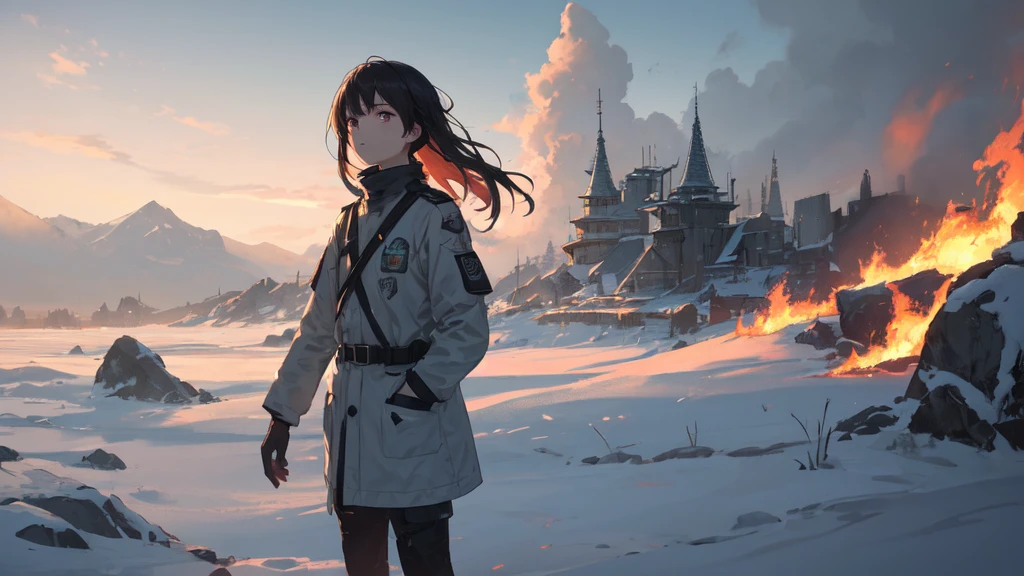 masterpiece:1.2), best quality , 独奏 ,pixiv, anime girl ，long straight white hair , black eyes ,Wearing off-white camouflage uniform ,ten years old，military fortress，(Eyes looking into the distance:1.3)，(look away:1.5)，snowy weather，dirty face，The background is a sea of fire with blood on the forehead，dirty face，Backlight，Bare rocky peaks ,Fierce flames are burning，The expression is sad，Grit your teeth，
