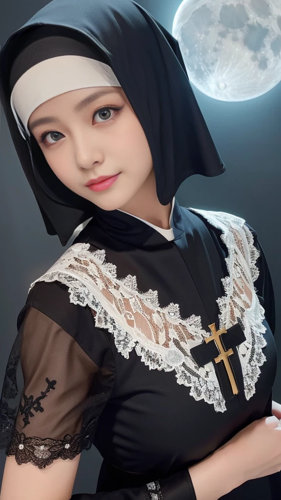 (masturbation:2.0),(Orgasm:2.0),(A Ultra cute young Japanese nun:2.0),(she wearing a decorated with lace nun costume and scart slim fit:2.0),(beautiful detailed dropped eyes:2.0),beautiful detailed lips, (extremely detailed cute and beautiful face:2.0), longeyelashes, (slender woman body:1.5), (beautiful short hair:2.0), (natural makeup,big smile:1.5), incredibly beautiful skin,(professional lighting, bright lighting, photorealistic, 8k, high resolution, best quality, masterpiece, ultra-detailed:1.75), vivid colors, (Moonlit Night:1.5),(The moonlight shines on her face:1.2),(She is in the convent:1.2)