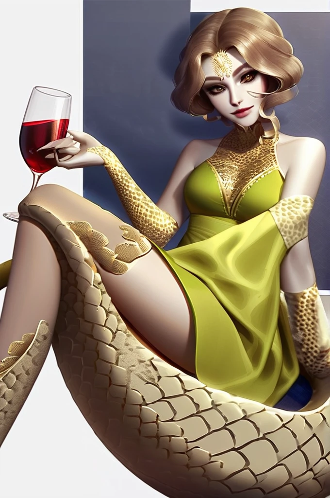 ((Лучшее качество)), ((шедевр)), (подробный), a snake woman covered with snake scales, a snake tail instead of a leg, with a glass of wine in her hand