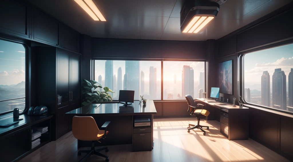 there is a computer desk with a chair and a vase in the corner, cgsociety 9, jessica rossier color scheme, retro futuristic apartment, futuristic. game cg, rendered in lumion pro, sci - fi interior, octane render : :, rendered in lumion, matte painting of steam machines, from a 2 0 1 9 sci fi 8 k movie