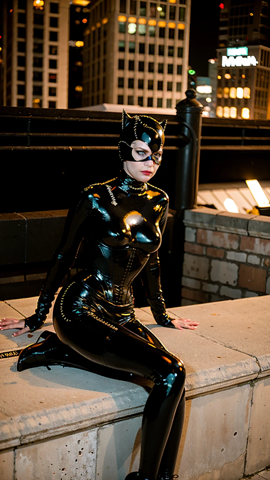 (masterpiece), (best quality), (solo, 1 girl), (epiCRealLife:1.0), (young woman), (European Model), (catwoman latex bodysuit), (eyemask), (black hair), (corset), (j4nu4ryj0n3s), (large breasts), (cleavage),(green eyes), (brown hair), (red lipstick), (eye mask),,, (spot light), (city rooftop), (city skyline), (new york rooftop), , (outdoor), daytime, daylight, natural ight (sitting on the wall) (pose for picture), (heels)