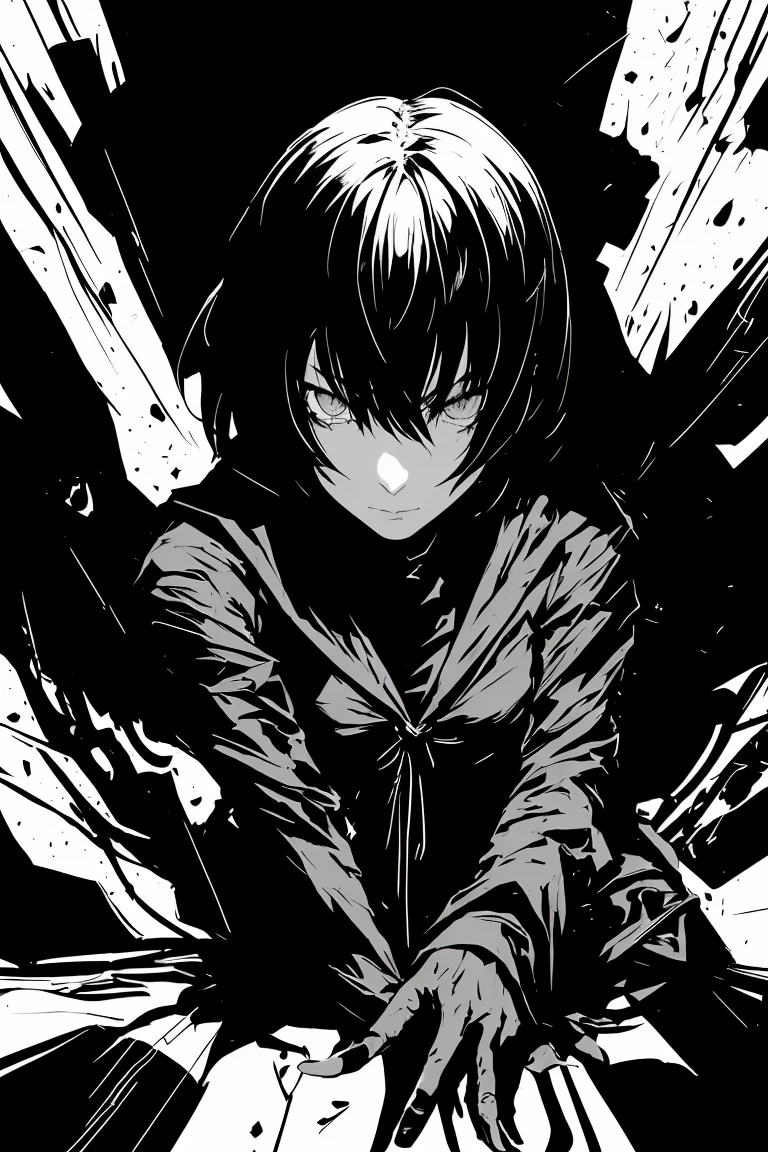 v5lcn style,Ink Art,(Highest quality,Tabletop:1.2),(Black and white comic core:1.1),(extremely high contrast),Dark ink,One Girl,Black-haired,Face Shadow、8K,solve,high school girl,Sailor suit,