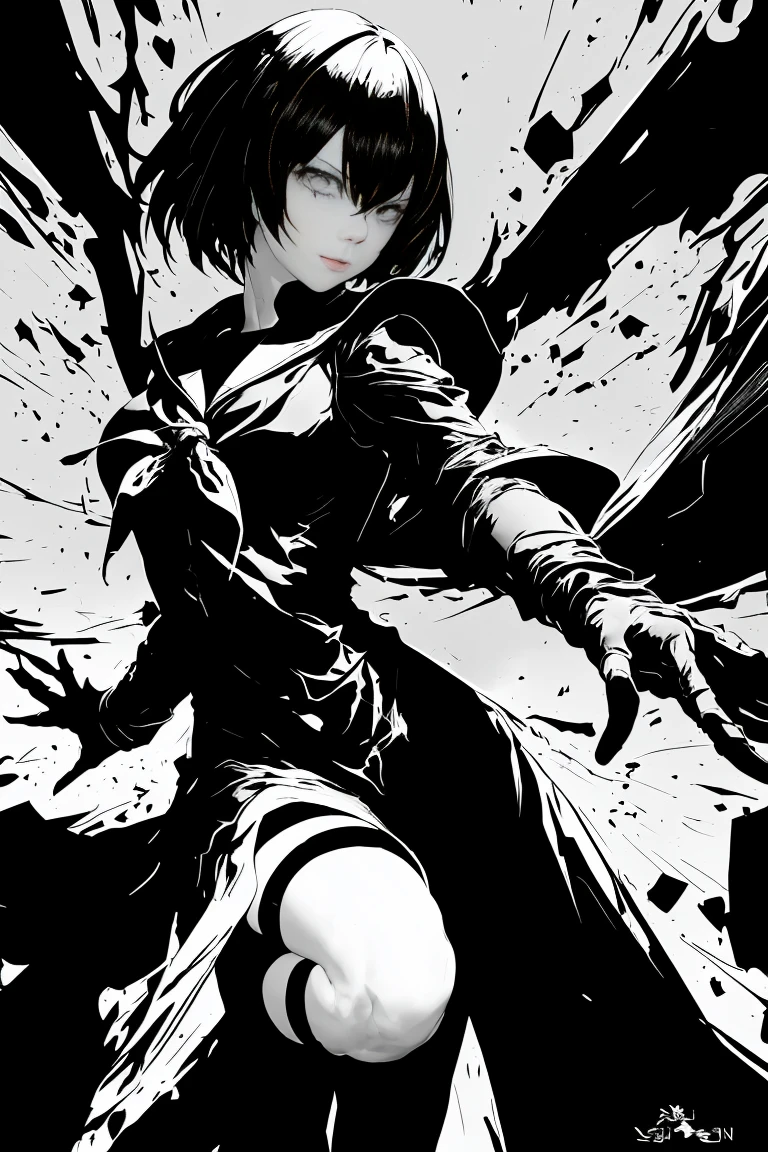 v5lcn style,Ink Art,(Highest quality,Tabletop:1.2),(Black and white comic core:1.1),(extremely high contrast),Dark ink,One Girl,Black-haired,Face Shadow、8K,solve,high school girl,Sailor suit,