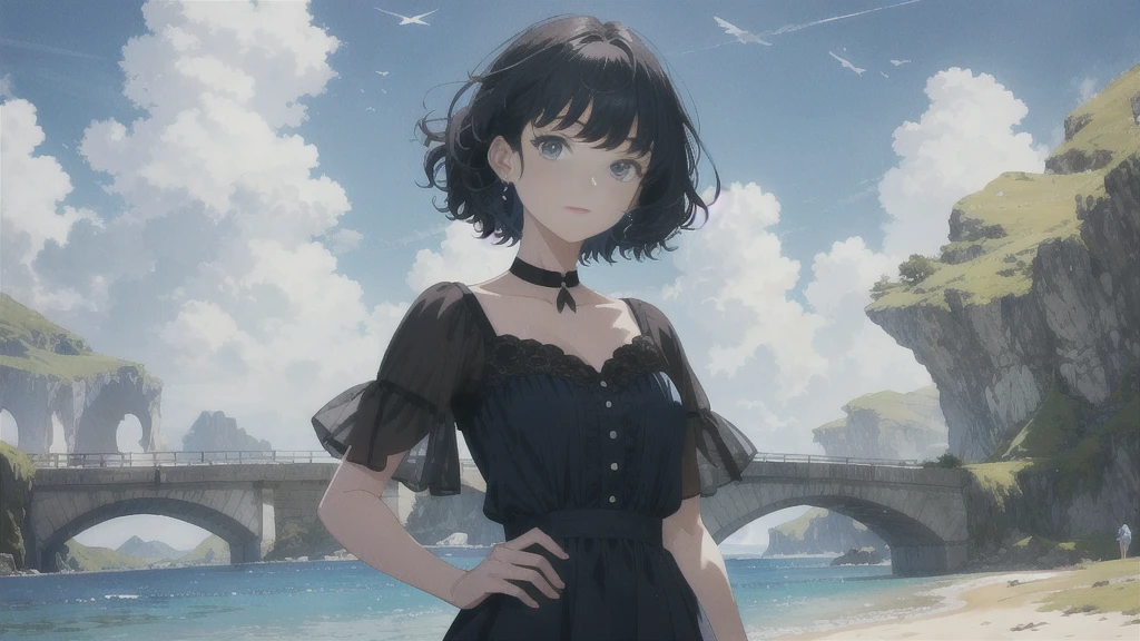 In this extraordinary animated masterpiece, A seductive scene is presented featuring a young girl with short dark hair and curly bangs.。. The vibrant blue sky provides a breathtaking backdrop, Perfectly complements the beauty of the girl&#39;s surroundings. When she stands alone, Wearing a nice short-sleeved dress, Her gaze captivates the viewer, Invite them to explore the fascinating cityscape before them.. The city is vibrant with towering skyscrapers., Elegant bridge, Impressive building, Done a bustling metropolis that harmoniously coexists with nature. A majestic castle can be seen in the distance, Adding even more grandeur to an already stunning view. The river that flows gracefully through the town reflects the bright sun., Done