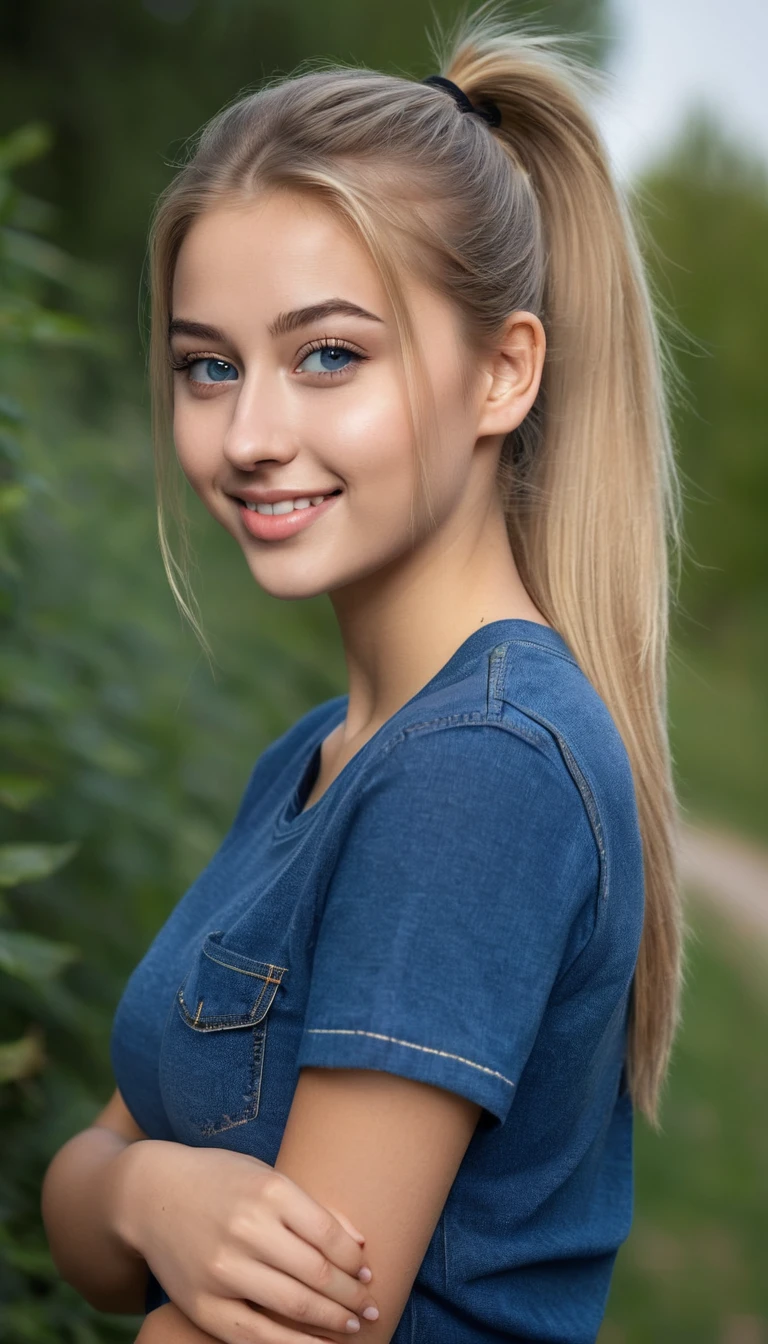 ultrarealistic high quality full body photo of a beautiful busty slim european 18-year-old woman with cute hyperdetailed shy face and natural blonde straight long ponytail and shy smile , realistic round hazel eyes, natural lips, dark eye makeup with eyeliner, wearing blue t-shirt and black denim pants, hourglass body, outdoor photography, tanned, nsfw
